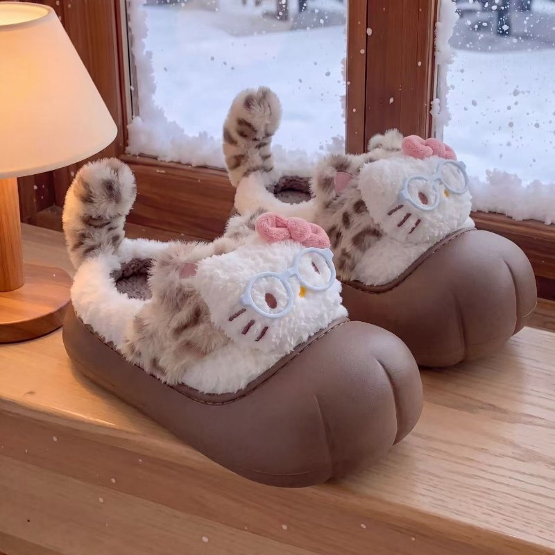 Cute Glasses-Wearing Kitten Cotton Slippers for Women, Winter Indoor Home Cotton Slippers, Warm Leopard Print Cat Paw Slippers, Closed-Toe Slippers