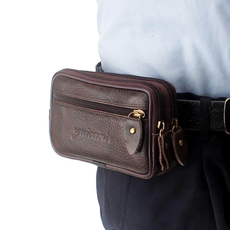 2022 new genuine leather mobile phone bag men wear leather strap small pocket multifunction elderly old cow leather bag men