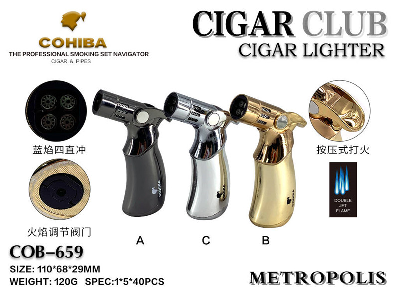 Portable torch cigar lighter windproof inflatable lighter blue flame home cigar four straight punch