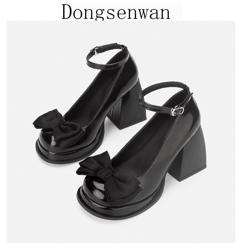 Retro thick - soled Mary Jane shoes round 2022 summer new bow - bow French high heels shoes female rough heels
