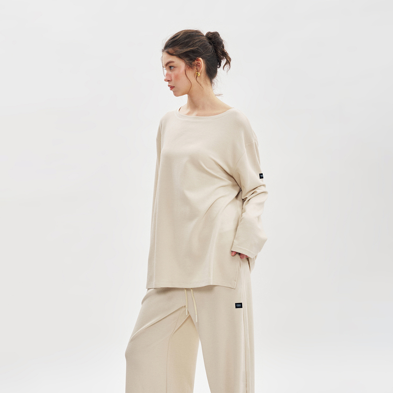 Pmw Minimalist Relaxed Style Round Neck Long-Sleeve Top, Versatile for Commuting, Loose Drop Shoulder Sleeves, Slimming and Versatile T-Shirt for Women