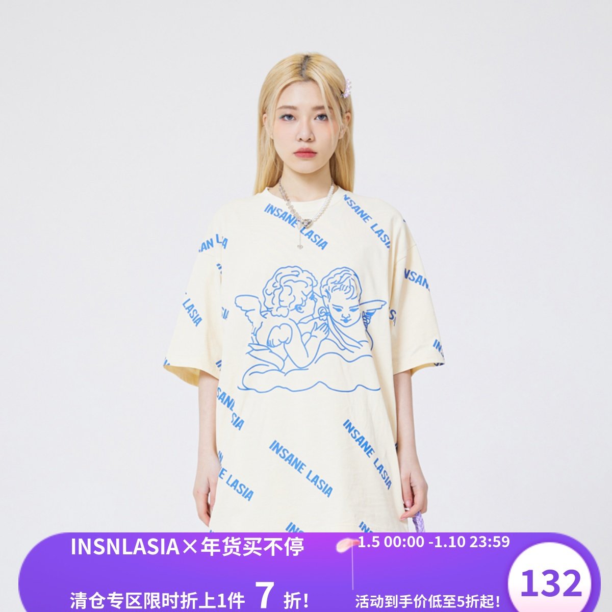 INSNLASIA original angel full print short-sleeved retro lazy tide brand men and women pullover couple T-shirt