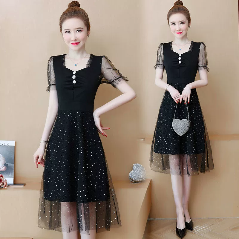 Plus kích thước phụ nữ 2021 mùa hè mới chất béo MM thời trang phương tây đính kết lưới khâu che bụng đầm giảm béo - váy đầm