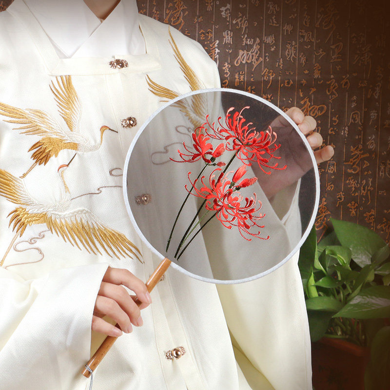 Embroidery fan Ancient style round fan Hanfu Ancient costume fan Female dance fan Classical tassel with long handle Summer photo