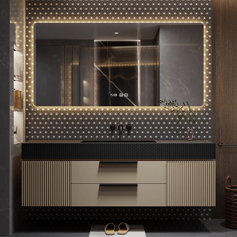 Light luxury slate bathroom cabinet combination modern minimalist powder room solid wood wash table Nordic hand wash basin customization