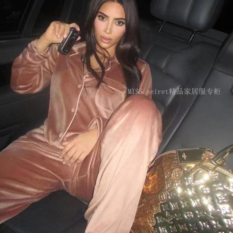 Original Luxury Style~ Caramel Color Kardashian-Inspired Velvet Pajamas for Women, Autumn and Winter Warm Loungewear Set