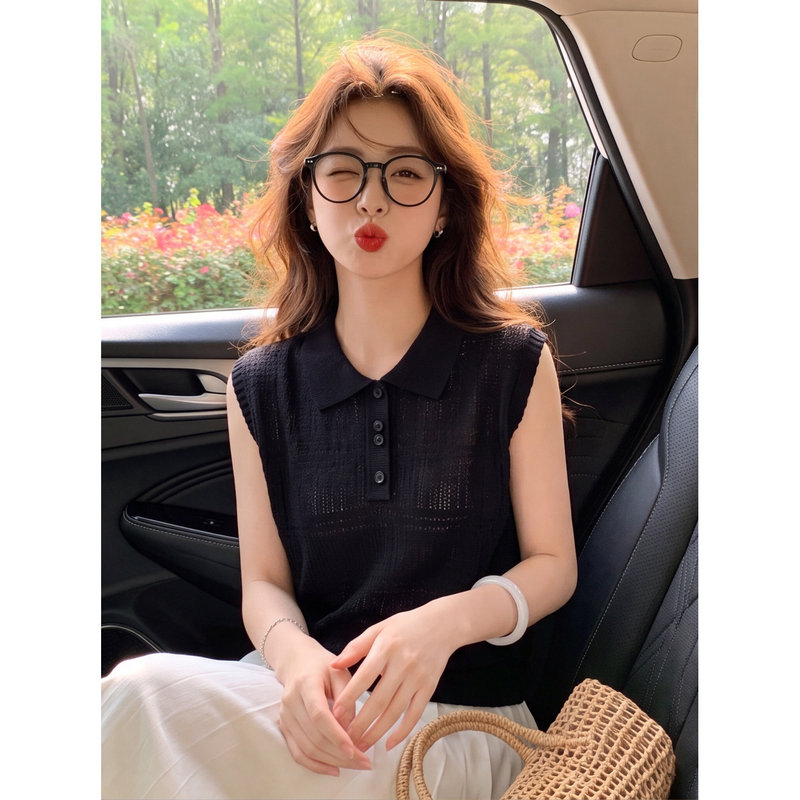 Black Polo Collar Hollow Out Sleeveless Knitted Vest for Women, Summer Half-Open Button Textured Loose Short Tank Top