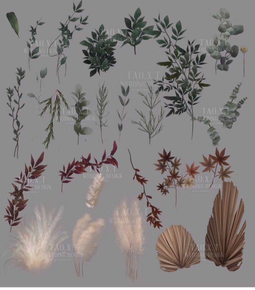 Thai wedding flower combination psd source file material high-end design green plant dead branch reed fan effect diagram
