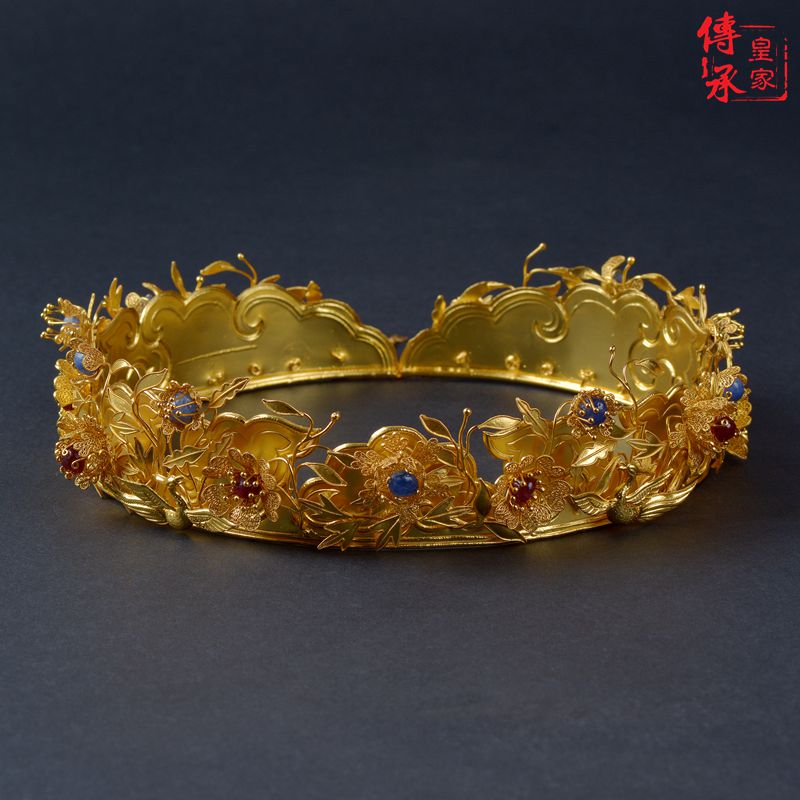 Imitation Ming Dynasty double bird tattooing Hundred Flowers Crown Hanfu Head Accessories 100 lap Show and bride's head crown gilded suit