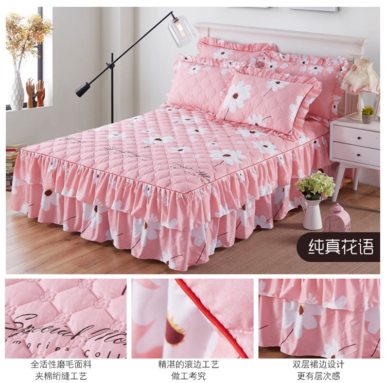 Chăn bông chống trượt váy ngủ trải giường cộng với váy cotton loại ga trải giường 笠 mùa thu và mùa đông ấm áp của Hàn Quốc của ren ba mảnh ga giường có viền