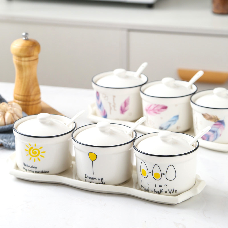 Spice box can Household ceramic salt pot seasoning Jar Kitchen supplies chili oil condiment box seasoning bottle combination