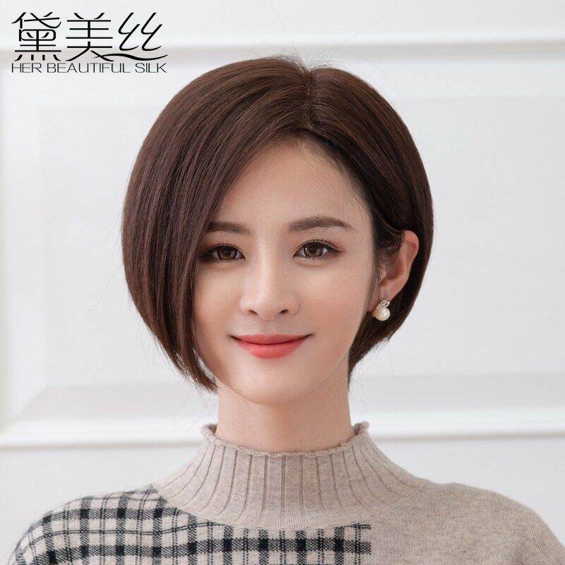 Wig female wig real hair partial hand-woven temperament face repair short hair wig female fluffy natural send mother wig set