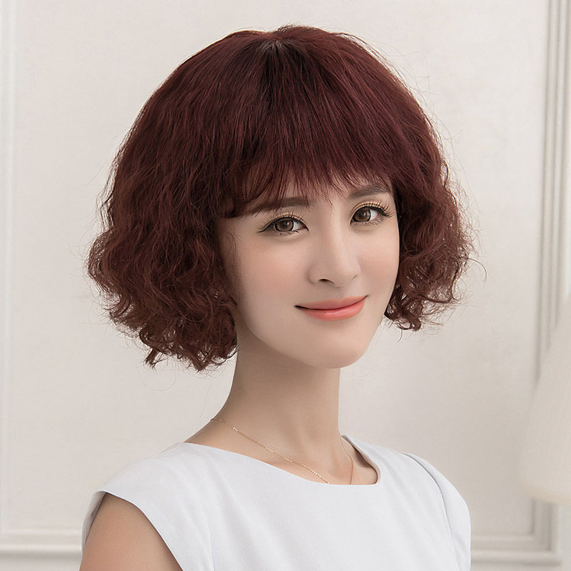 Wig Woman Short Hair Long Curly Hair Fluffy Natural Mom Real Hair Short Curly Hair Headgear Middle Aged Real Hair Wig Sleeve-Taobao