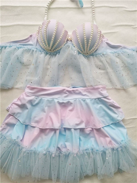 Váy lưới bèo nhún vỏ ngọc trai màu xanh hồng gradient bộ bikini bay tay áo tắm xẻ eo cao dễ thương - Bộ đồ bơi hai mảnh