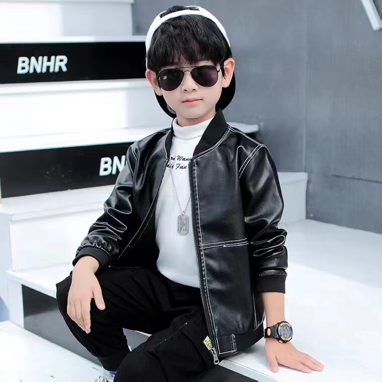 Korean boy leather motorcycle jacket 2021 autumn and winter new children's casual jacket in the big boy handsome plus velvet tide