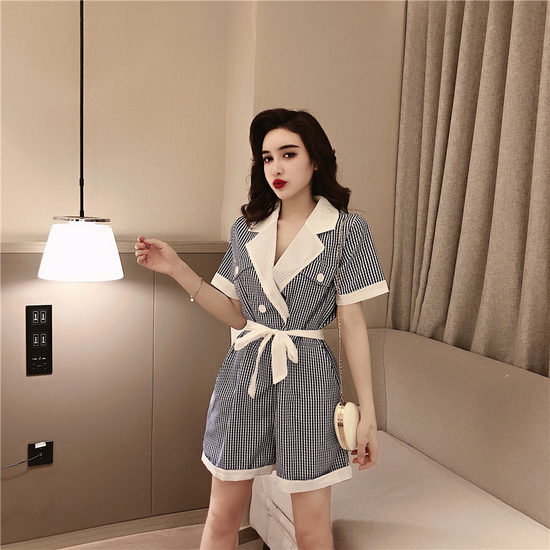 VK旗艦店 韓系西裝領撞色格紋寬口單品連身褲