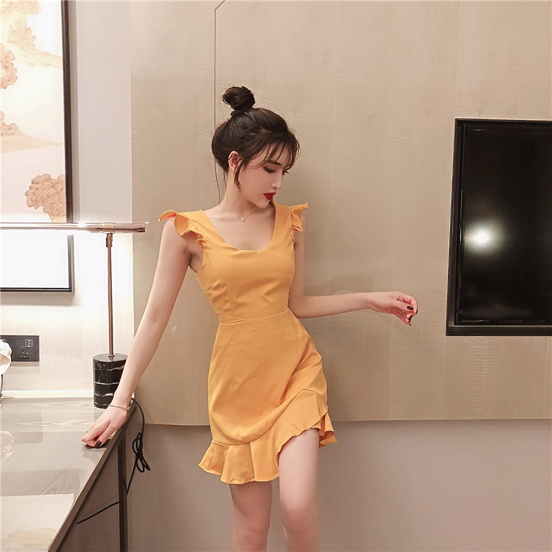 VK旗艦店 韓系木耳邊美背鏤空荷葉邊無袖洋裝