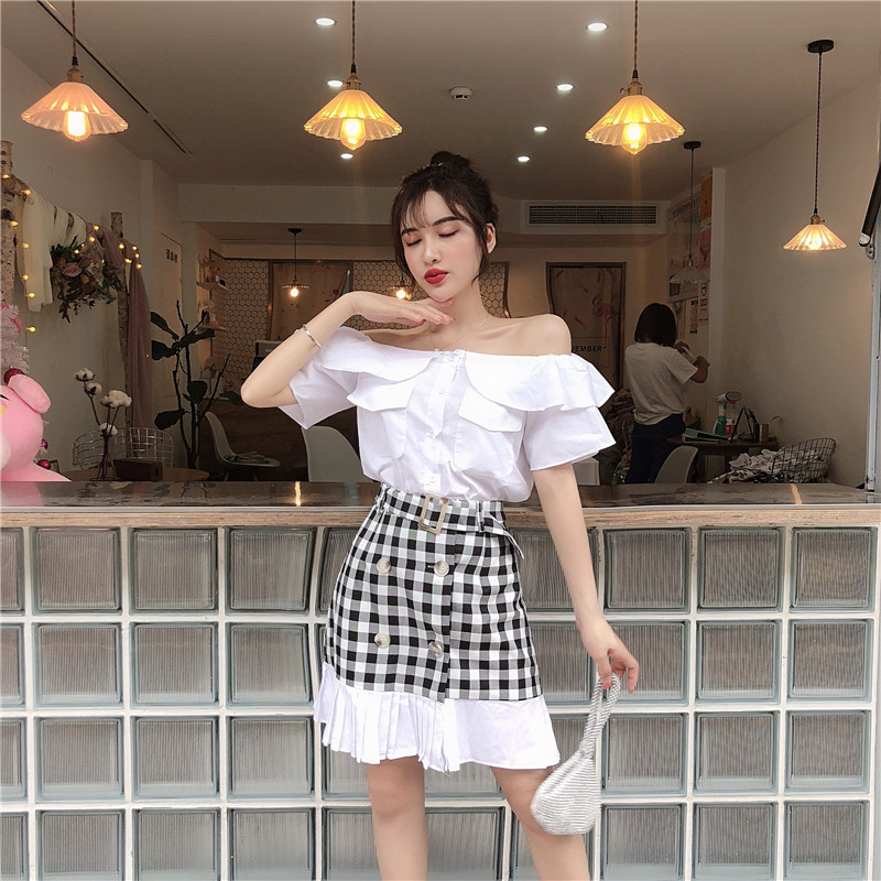 VK旗艦店 韓系一字領荷葉邊雙排扣套裝短袖裙裝