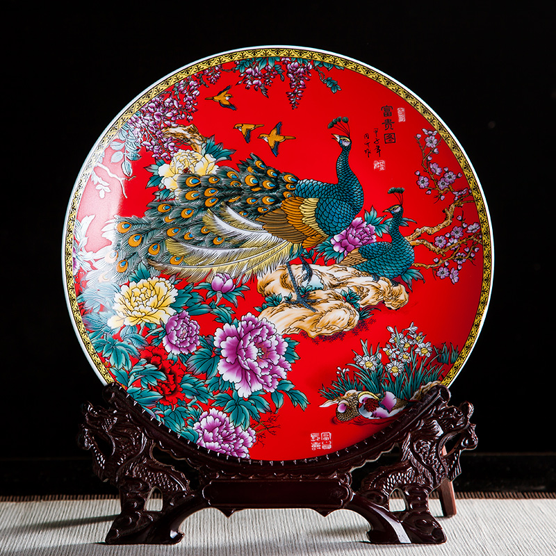 Jingdezhen ceramics Chinese red prosperous figure decoration hanging dish sit home wine rich ancient frame handicraft furnishing articles