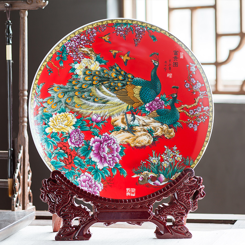 Jingdezhen ceramics Chinese red prosperous figure decoration hanging dish sit home wine rich ancient frame handicraft furnishing articles