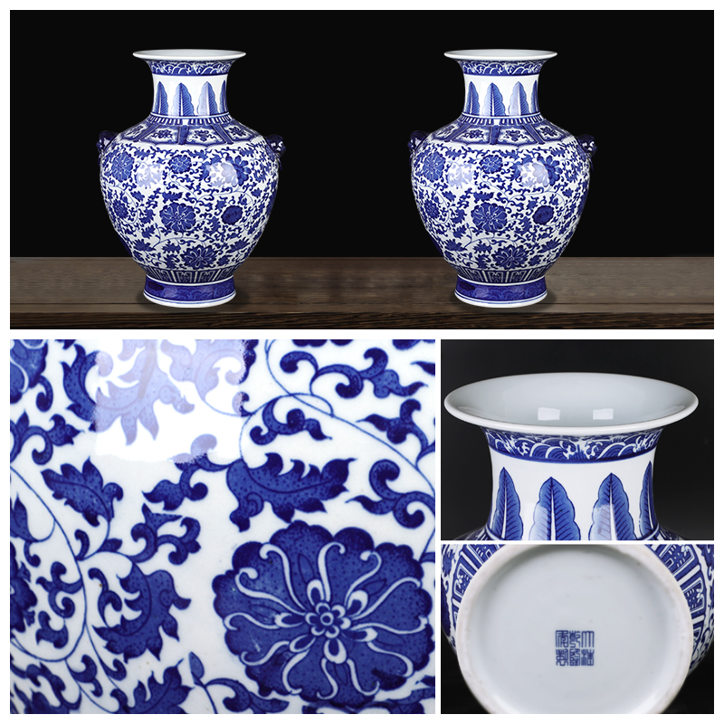 Blue and white porcelain of jingdezhen ceramics bound lotus flower ocean 's ears big vase archaize sitting room porch place decoration