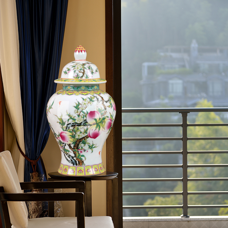 Jingdezhen ceramics nine peach figure general tank of storage tank of the new Chinese style household furnishing articles sitting room TV cabinet decoration