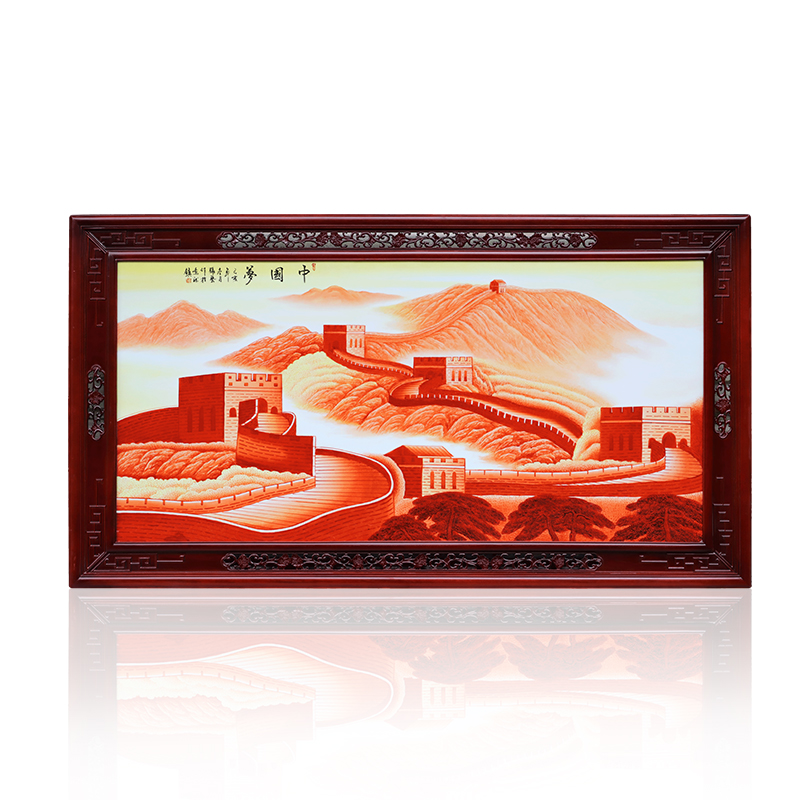 Jingdezhen ceramic decoration of new Chinese style household solid wooden frame sitting room hangs a picture hand - made porcelain plate painting dream of the Great Wall of China
