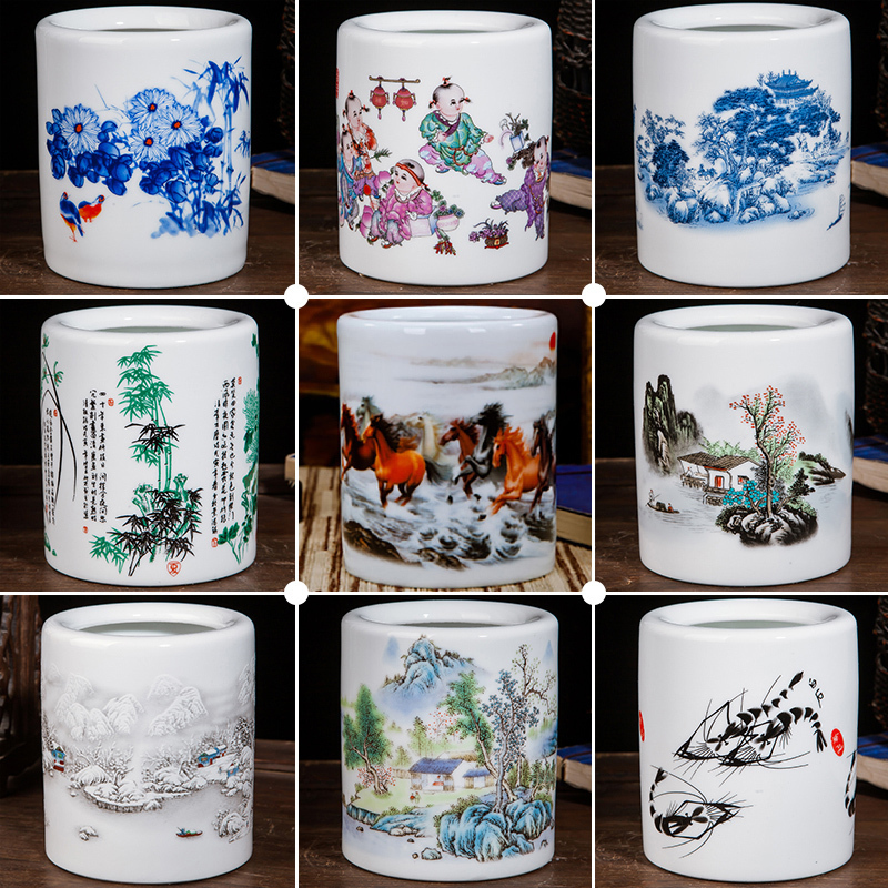 Jingdezhen Ceramic Ware Home Bookcase Office Pen Holder Office Supplies Furnishing Brush Cylinder Student Gift