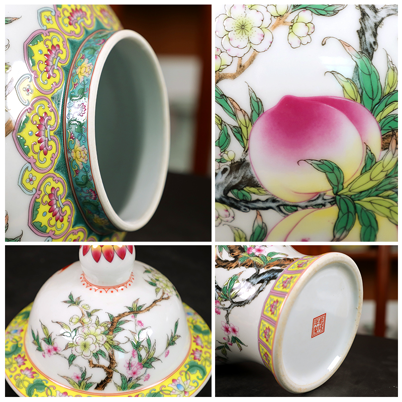 Jingdezhen ceramics nine peach figure general tank of storage tank of the new Chinese style household furnishing articles sitting room TV cabinet decoration