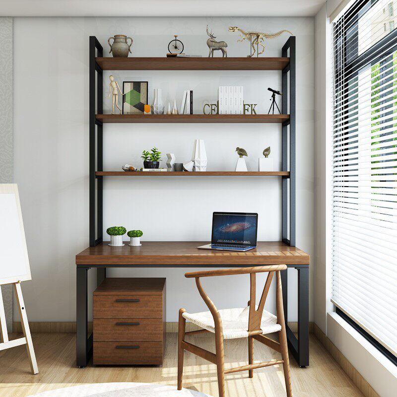 loft solid wood desk bookshelf combined bookcase integrated free of punch home double working desk type computer desk