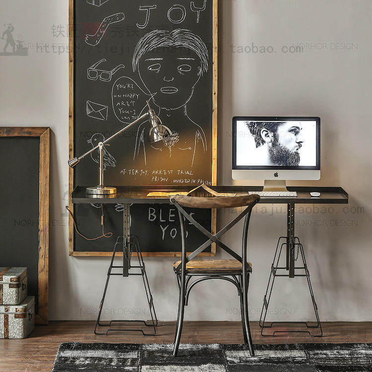 American retro Wrought iron industrial style metal desk Office desk Computer desk Iron desktop Adjustable height lifting table