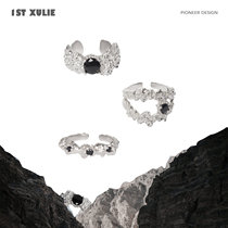 1STXULIE original small crowdsourced pure silver ring studded with black jewel texture dark black lukewarm wind male and female opening ring