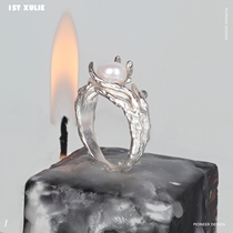 1STXULIE pure silver niche design ring light extravagant pearl irregular dark black lukewarm wind male and female forefinger
