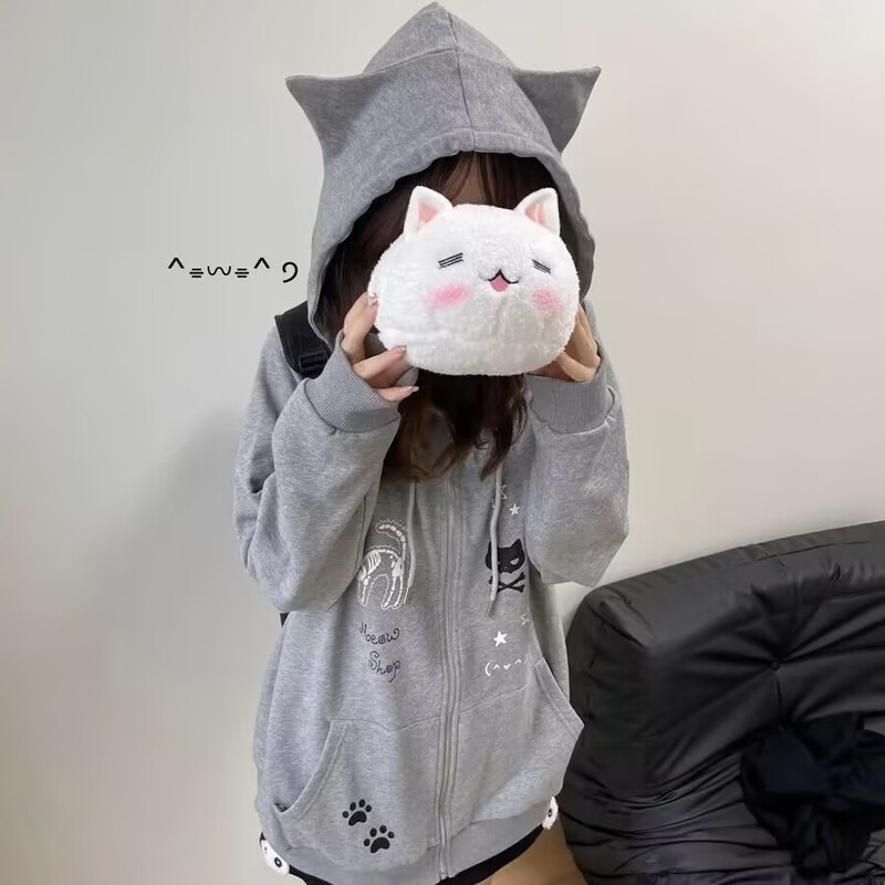 Japanese Style Cute Kitten Ears Hooded Sweatshirt for Women Spring & Fall Thin Soft Girl Home Zipper Two-Dimensional Jacket