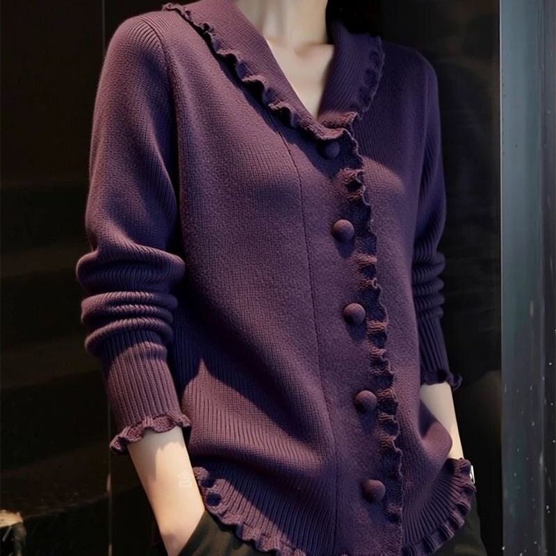 High-End Purple Sweater for Women, New Autumn and Winter Style, Fashionable and Elegant, with Ruffled Design, V-Neck, Long-Sleeved Knitted Cardigan High-End Purple Sweater for Women, New Autumn and Winter Style, Fashionable and Elegant, with Ruffled Design, V-Neck, Long-Sleeved Knitted Cardigan