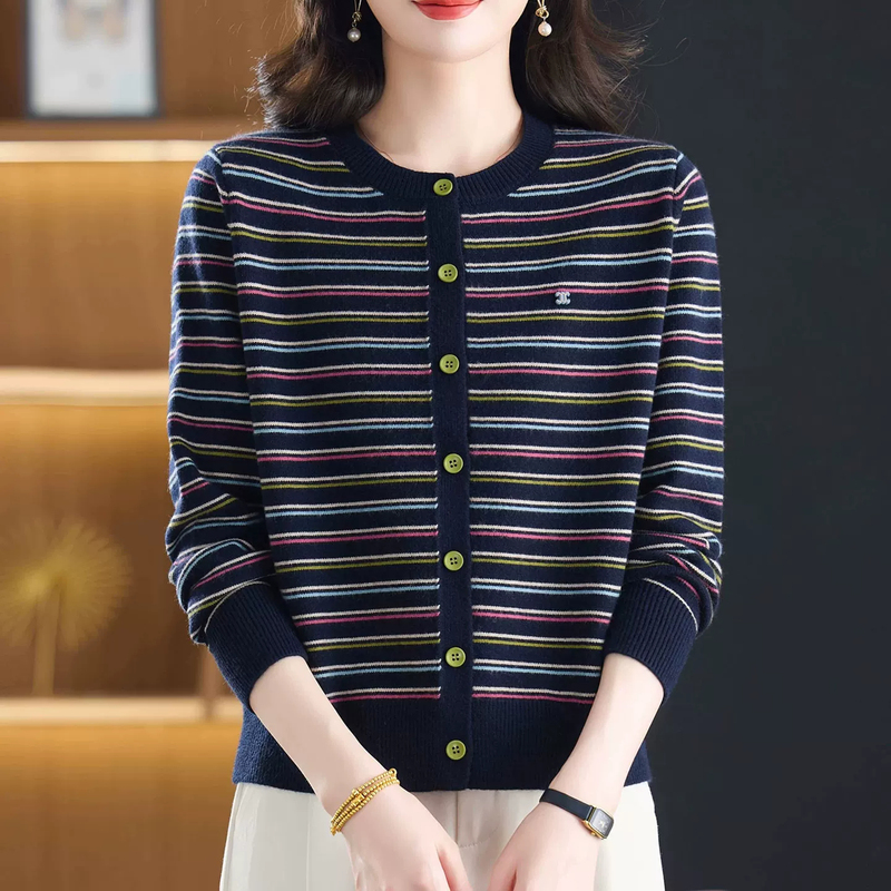Colorful Striped Knitted Cardigan for Women 2026 Autumn New Round Neck Casual Style Buttoned Long-Sleeved Sweater Jacket for Women Colorful Striped Knitted Cardigan for Women 2026 Autumn New Round Neck Casual Style Buttoned Long-Sleeved Sweater Jacket for Women