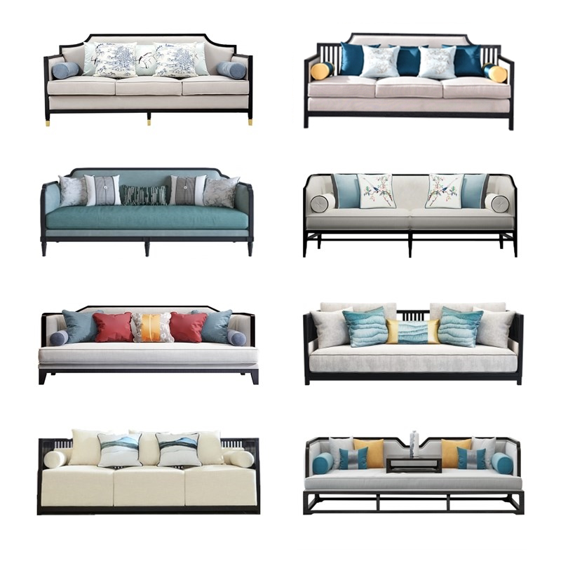 New Chinese-style sofa three-person solid wood card seat reception negotiation simple light luxury model room living room sales office furniture