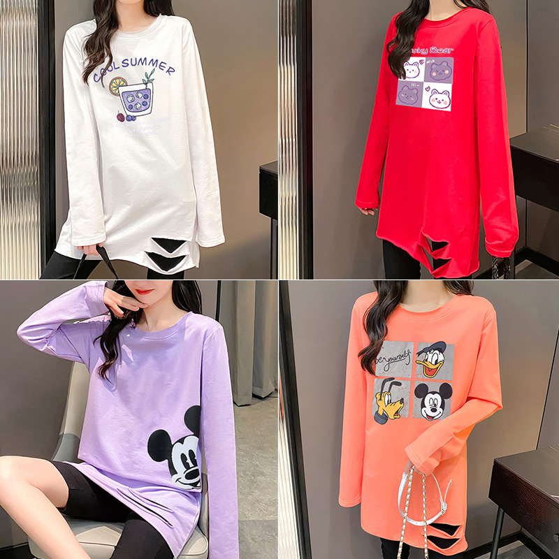 Pregnancy Woman Dress Pure Cotton Loose Large Size size Long sleeves 2021 Autumn fit Han version Interesting printed round collar Hole Conspicuts Skinny