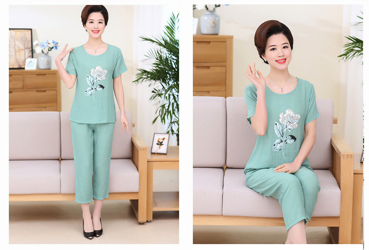 Mùa hè mẹ cotton và linen đồ ngủ phụ nữ mùa hè ngắn tay trung niên đồ ngủ cotton lụa bà tải linen dịch vụ nhà phù hợp với