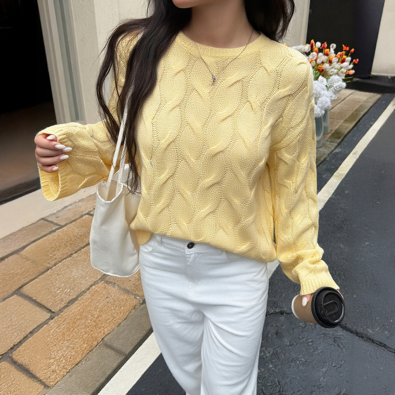 Cross-Border European and American Foreign Trade Women's Clothing Autumn and Winter Amazon Independent Site Casual Simple Long-Sleeved Solid Color Knitted Sweater for Women