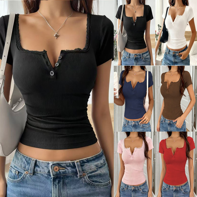 European and American Cross-Border Foreign Trade Amazon New Spring and Summer Lace Button V-Neck Fashion Slim Short-Sleeved Top T-Shirt Women's Clothing