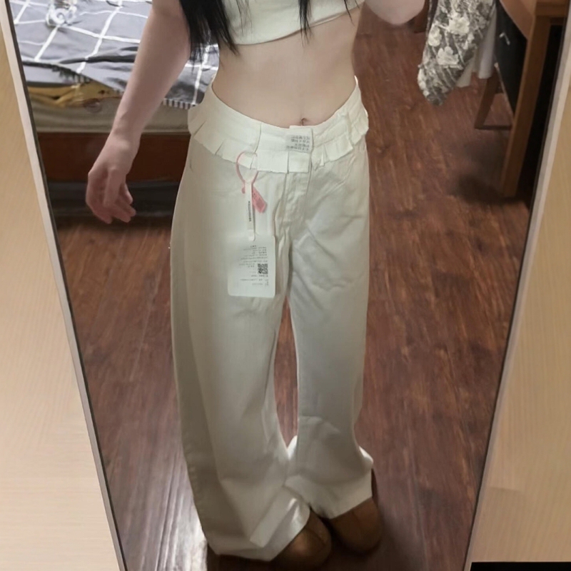 Tall Women's Extended American-Style White Lace-Trimmed Jeans, Summer Straight-Leg Pants with a Unique Design, Scimitar Wide-Leg Pants