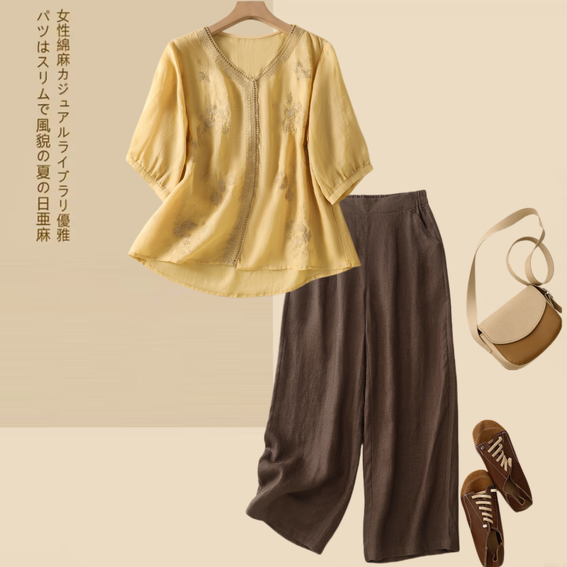 Summer Retro Embroidered Artistic Cotton and Linen Ethnic Style Mother's Shirt Set Short-Sleeved Top for Middle-Aged and Elderly Women Two-Piece Set
