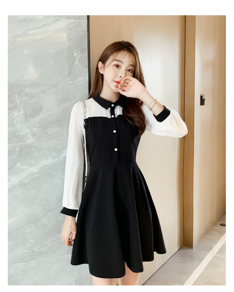 VK旗艦店 韓國學院風顯瘦高腰撞色雪紡拼接長袖洋裝