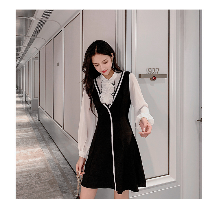 VK旗艦店 韓系木耳邊顯瘦收腰小黑裙假兩件長袖洋裝