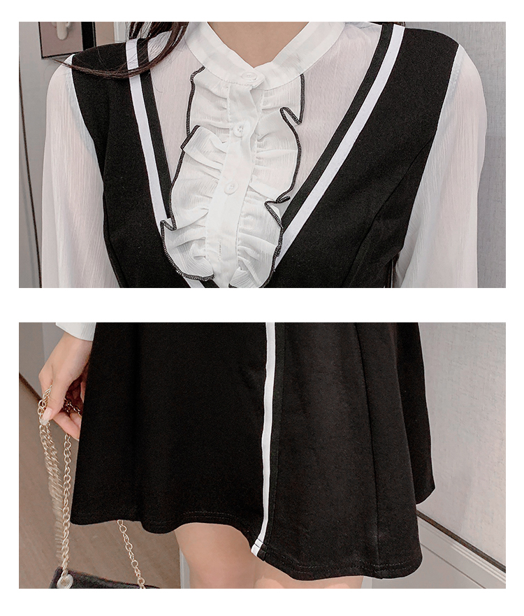 VK旗艦店 韓系木耳邊顯瘦收腰小黑裙假兩件長袖洋裝