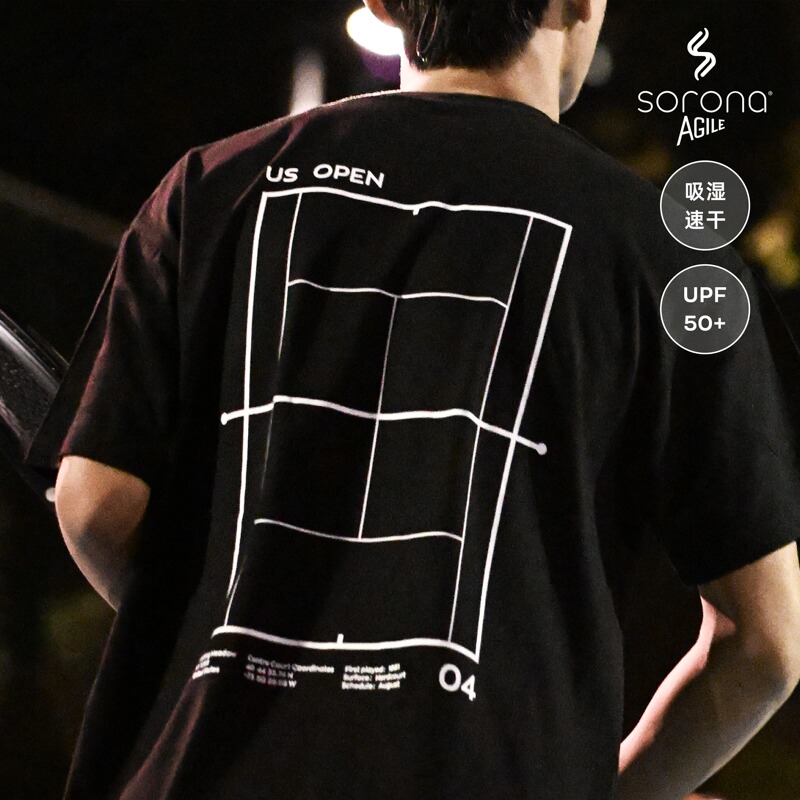 Us Open Style Tennis Dark Night Black and White Printed T-Shirt, Solona Quick-Drying Four-Way Stretch Cool-Feeling Sportswear