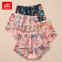 4-pack Funilai womens underwear sexy mesh thin section transparent embroidery pure cotton inner crotch mid-waist hip flat pants