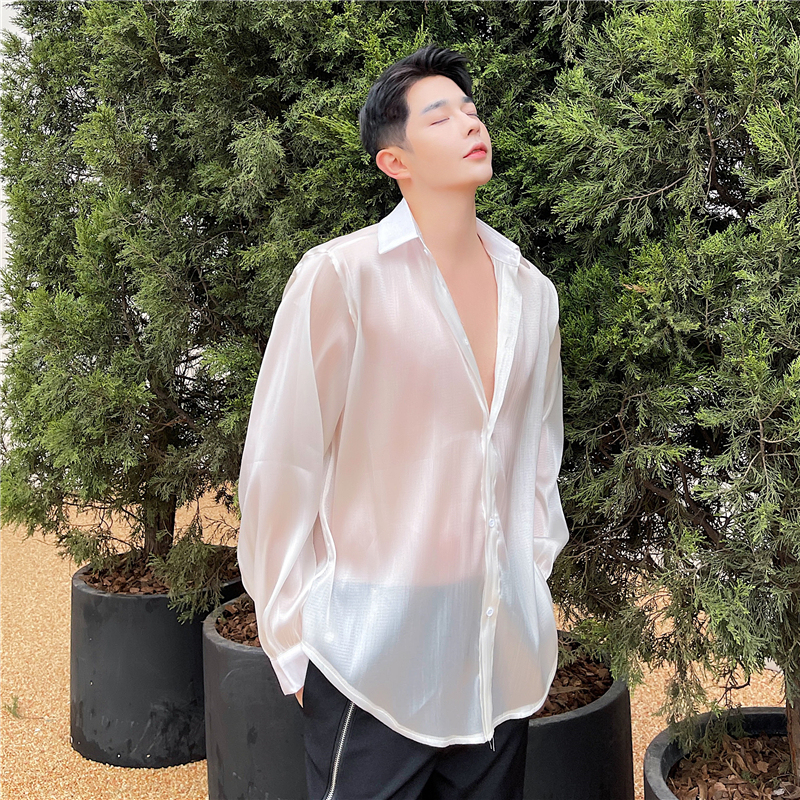 Very Cool Tops for Men, Handsome See-Through Shirts, Men's Long-Sleeved Summer Sheer Loose Tops, Versatile Casual Sun Protection Clothing