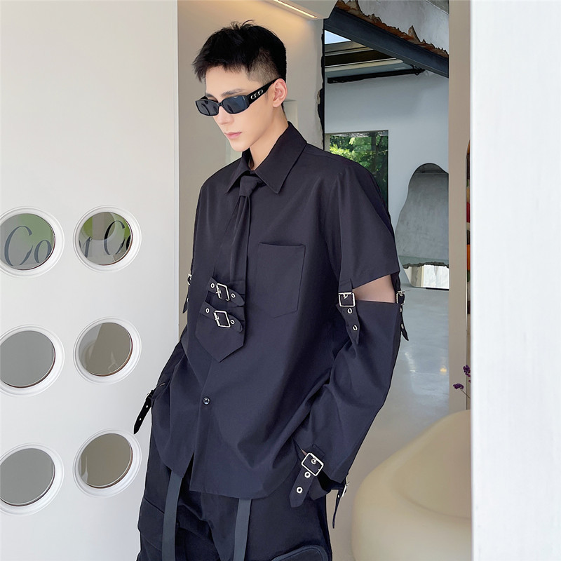 Functional Style Metal Strap Detachable Long-Sleeve Shirt That Can Be Converted to Short-Sleeve Men's Shirt 2022 New Hairstylist Trendy Brand Men's Clothing